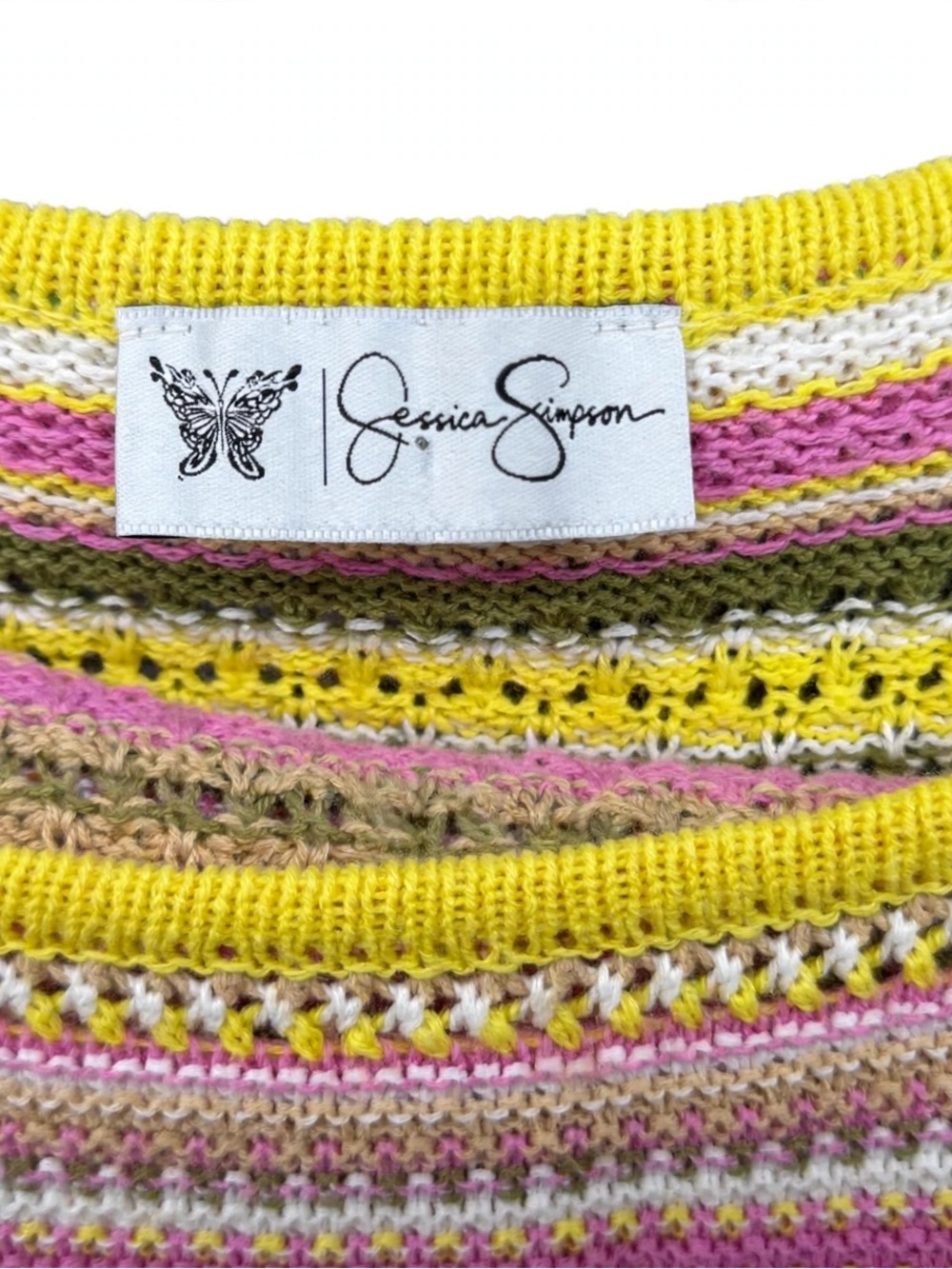 Jessica Simpson Striped Open-Knit Scoop Neck Sweater - Pink/Yellow/Green - Picture 4 of 4